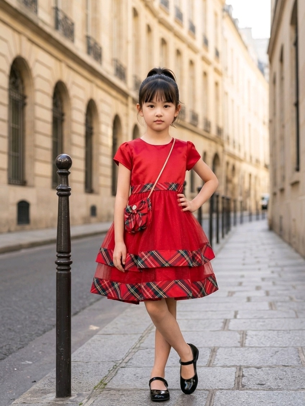 Girls' Red Plaid Tiered Party Dress with Crossbody Purse